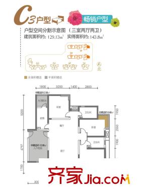 曲江城市花園戶型圖C3戶型 3室2廳2衛(wèi)1廚