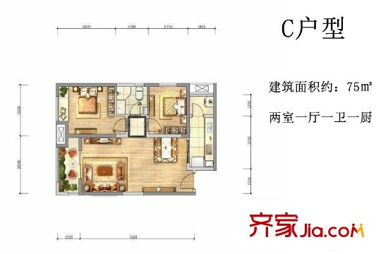 中海?悅峰19號樓C戶型 2室1廳1衛(wèi)1廚