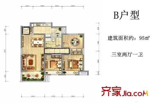 中海?悅峰19號樓B戶型 3室2廳1衛(wèi)1廚