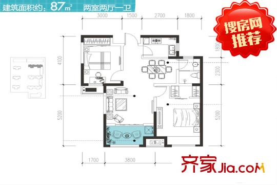 金輝C園2號樓C戶型 2室2廳1衛(wèi)1廚