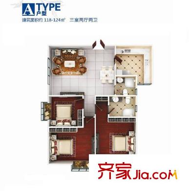 海平方米臺(tái)北灣戶型圖1號(hào)樓A戶型 3室2廳2衛(wèi)1廚