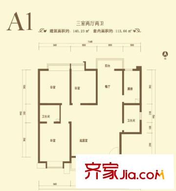 龍城四季戶型圖A1戶型 3室2廳2衛(wèi)1廚