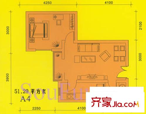 都市朝陽戶型圖A4戶型 1室1廳1衛(wèi)1廚