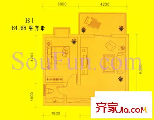 都市朝陽戶型圖B1戶型 1室1廳1衛(wèi)1廚