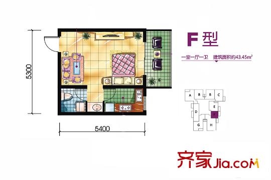 恒天第五座1#、2#F戶型 1室1廳1衛(wèi)1廚