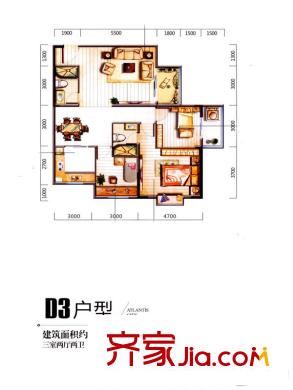 蘭蒂斯城戶型圖三期11/12號(hào)樓D3戶型 3室2廳2衛(wèi)1廚