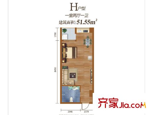 學(xué)府公館1號樓H戶型 1室2廳1衛(wèi)1廚