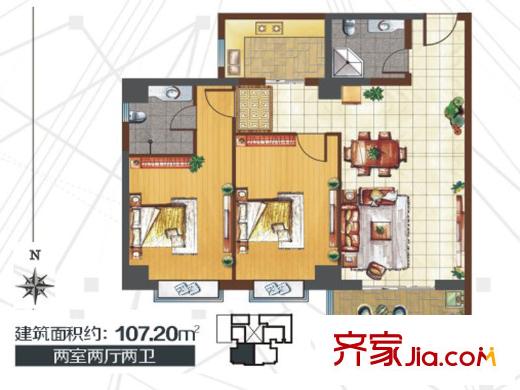 蒲公英國際廣場02戶型 2室2廳2衛(wèi)1廚