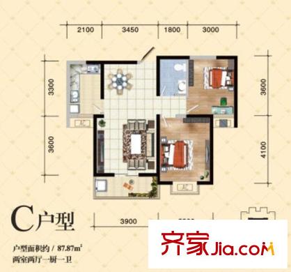 金仕華城戶型圖三期C戶型圖 2室2廳1衛(wèi)1廚