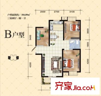 金仕華城戶型圖三期B戶型圖 3室2廳1衛(wèi)1廚
