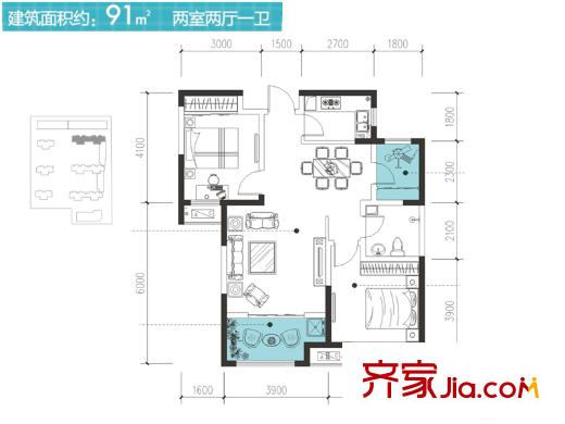 金輝C園2號樓B戶型 2室2廳1衛(wèi)1廚