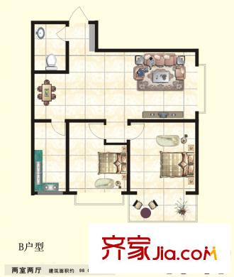 百合花園二期二期2#B戶型 2室2廳1衛(wèi)1廚