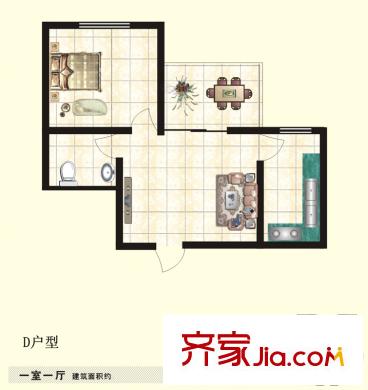 百合花園二期二期1#D戶(hù)型 1室1廳1衛(wèi)1廚