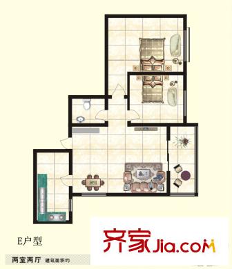 百合花園二期二期1#E戶(hù)型 2室2廳1衛(wèi)1廚