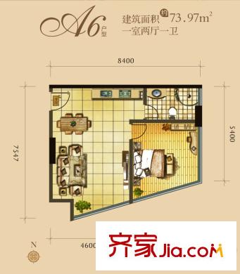 帝都大公館1號樓A6戶型 1室2廳1衛(wèi)1廚