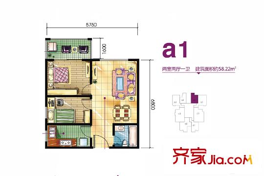 恒天第五座1#、2#a1戶型 2室2廳1衛(wèi)1廚