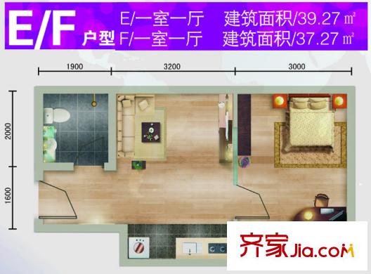 水滴UhomeE/F戶型 1室1廳1衛(wèi)1廚