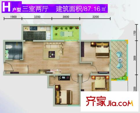 水滴UhomeH戶型 3室2廳1衛(wèi)1廚