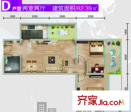 水滴UhomeD戶型 2室2廳1衛(wèi)1廚