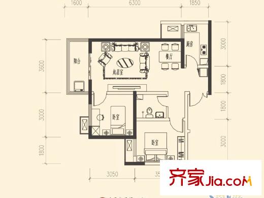 萬象嘉城3號樓C戶型 2室2廳1衛(wèi)1廚