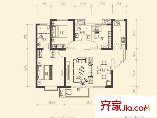 萬象嘉城3號(hào)樓E戶型 3室2廳2衛(wèi)1廚