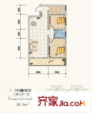 觀瀾天下1、2#樓M戶型 2室2廳1衛(wèi)1廚