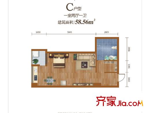 學(xué)府公館1號樓C戶型 1室2廳1衛(wèi)1廚