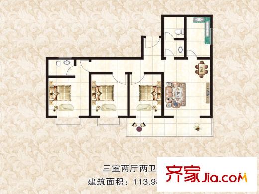 學(xué)府中央113.98平米戶型圖 3室2廳2衛(wèi)1廚
