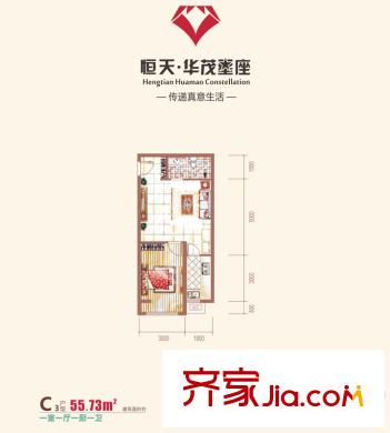 恒天?華茂星座C3戶型 1室1廳1衛(wèi)1廚