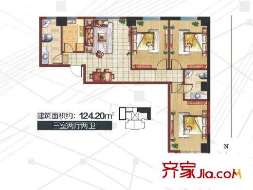 蒲公英國際廣場01戶型 3室2廳2衛(wèi)1廚