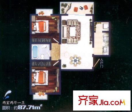 紫郡觀瀾1、2號(hào)樓A戶型 2室2廳1衛(wèi)1廚
