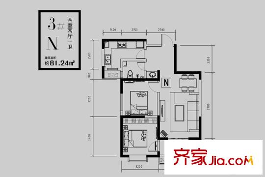 林河春天2期愛度筑區(qū)二期3號樓N戶型 2室2廳1衛(wèi)1廚
