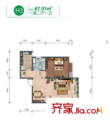 林河春天2期愛度筑區(qū)H3戶型 1室2廳1衛(wèi)1廚