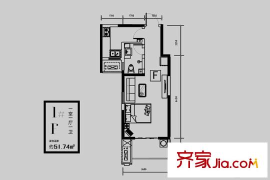 林河春天2期愛度筑區(qū)二期1號樓F戶型 1室1廳1衛(wèi)1廚
