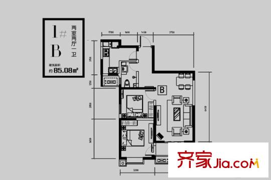 林河春天2期愛(ài)度筑區(qū)二期1號(hào)樓B戶型 2室2廳1衛(wèi)1廚