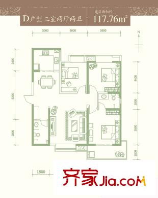 浩林?方里6號(hào)樓1/2單元 D戶型 3室2廳2衛(wèi)1廚