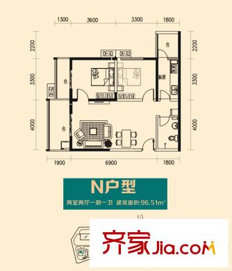 漫蓮芯城3#N戶型 2室2廳1衛(wèi)1廚