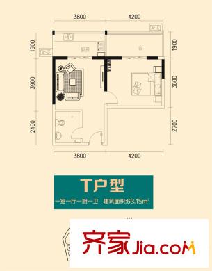 漫蓮芯城4#T戶型 1室1廳1衛(wèi)1廚