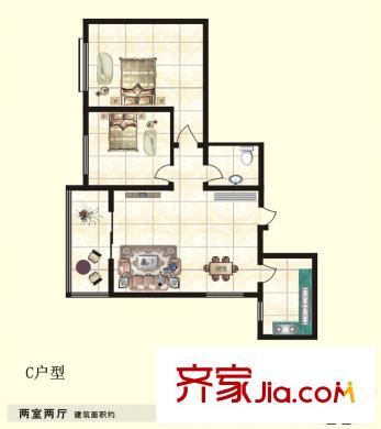 百合花園二期二期1#C戶(hù)型 2室2廳1衛(wèi)1廚