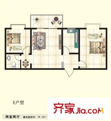 百合花園二期二期2#E戶(hù)型 2室2廳1衛(wèi)1廚