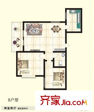 百合花園二期二期1#B戶(hù)型 2室2廳1衛(wèi)1廚