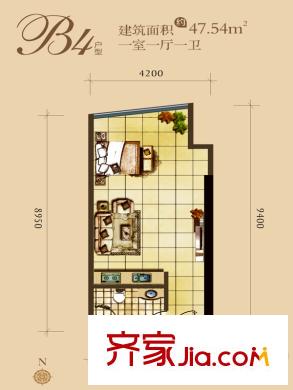 帝都大公館1號B4戶型 1室1廳1衛(wèi)1廚