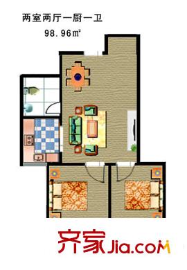 博大尚居1#樓戶型圖 2室2廳1衛(wèi)1廚