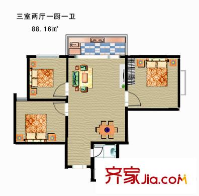 博大尚居1#樓戶型圖 3室2廳1衛(wèi)1廚