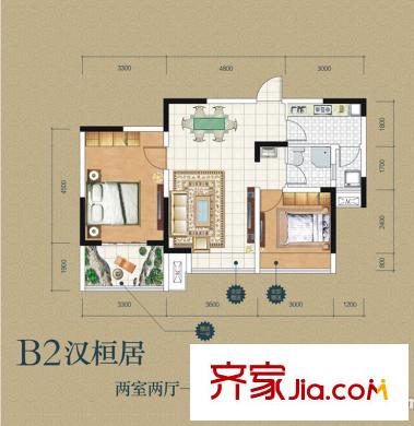錦源?漢序2號(hào)樓B2戶型 2室2廳1衛(wèi)1廚