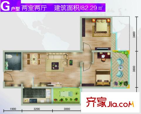 水滴UhomeG戶型 2室2廳1衛(wèi)1廚