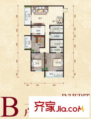 皇城美居B戶型標準層戶型圖 3室2廳2衛(wèi)1廚