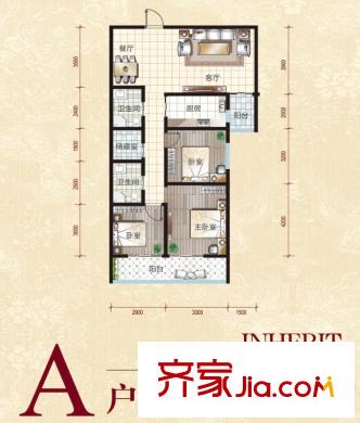 皇城美居A戶型標準層戶型圖 3室2廳2衛(wèi)1廚