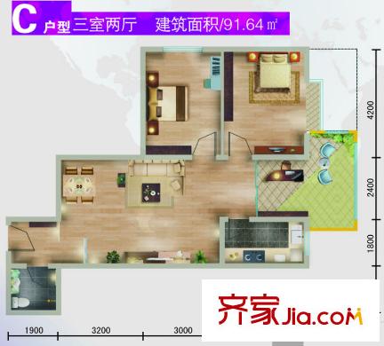 水滴UhomeC戶型 3室2廳1衛(wèi)1廚