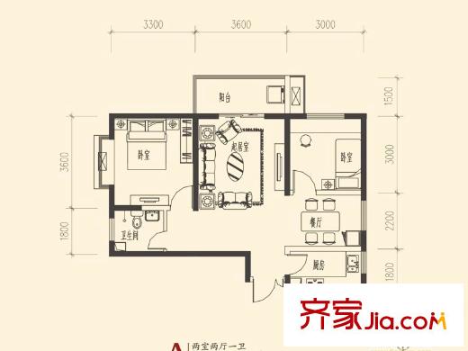 萬象嘉城3號樓A戶型 2室2廳1衛(wèi)1廚